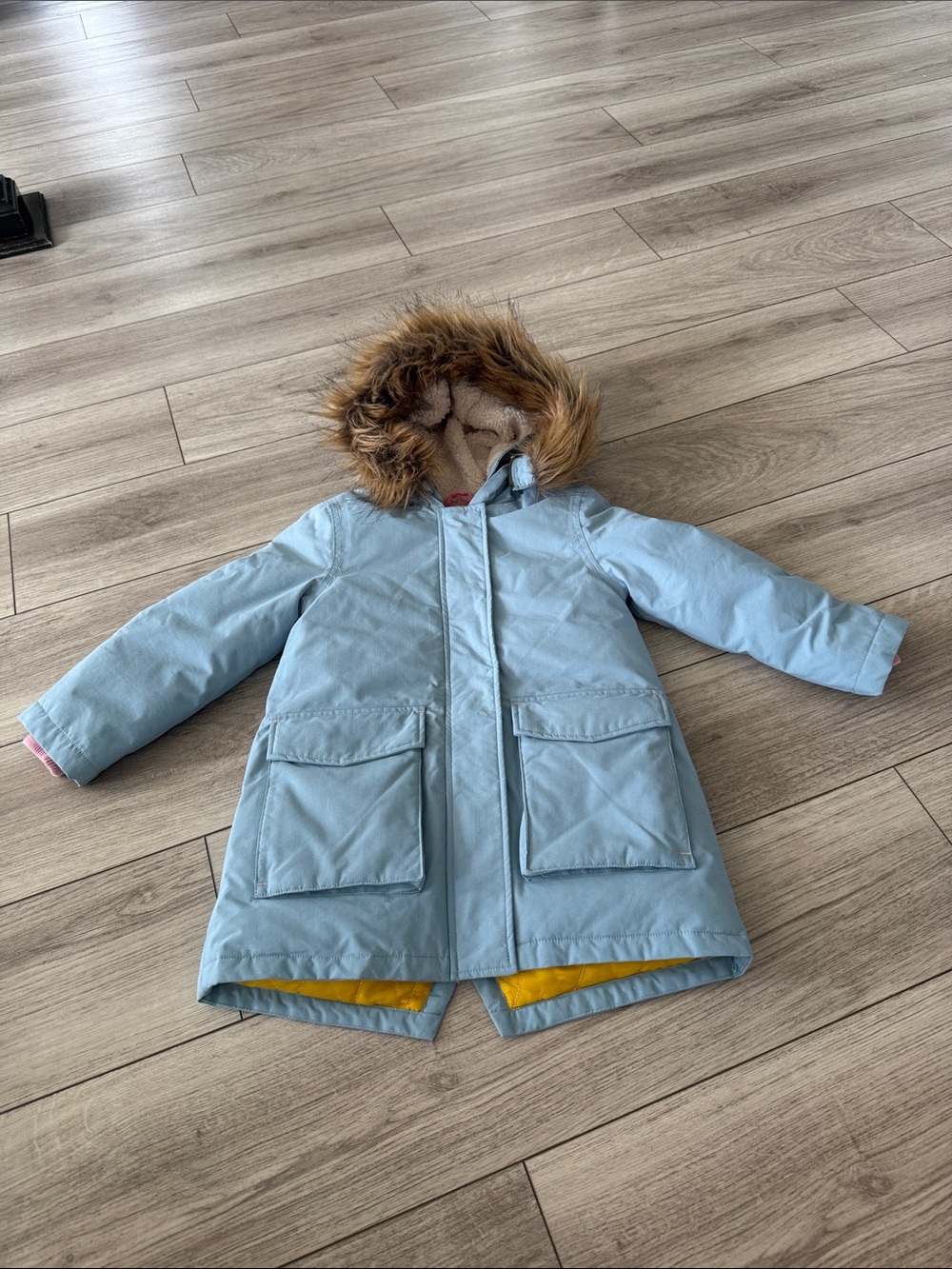 Boden Girls Blue hooded winter parka with faux fur trim winter coat 6-7
